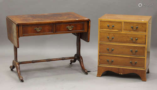 An early 20th century burr walnut and crossbanded sofa table, fitted with two frieze drawers, on