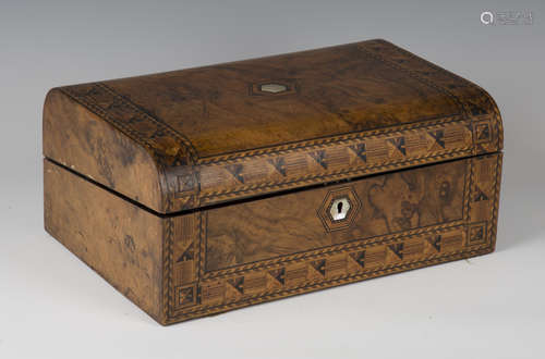 A late Victorian burr walnut and geometric inlaid writing slope, width 35.5cm.Buyer’s Premium 29.