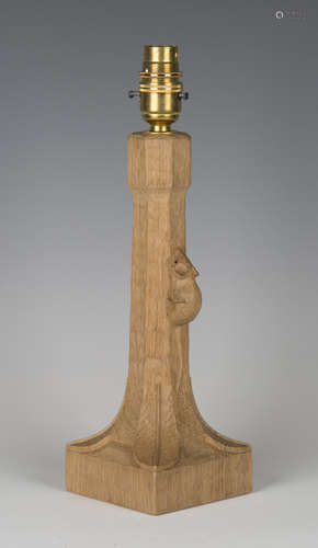 A Robert 'Mouseman' Thompson carved oak table lamp, the chamfered stem with typical mouse signature,