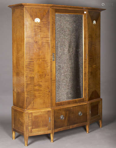 An Edwardian Arts and Crafts Glasgow School satin walnut wardrobe by Wylie & Lochhead, the angular