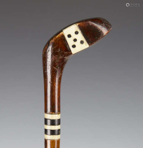 A late 19th century mahogany Sunday walking stick golf club, the head and neck with inlaid bone