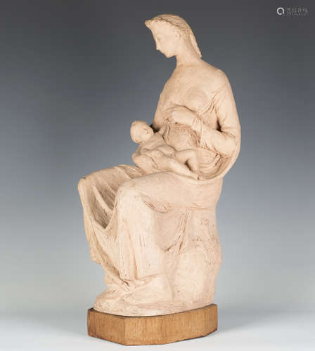 Attributed to Charles Thomas Wheeler - a terracotta figure group of a seated mother and child, the