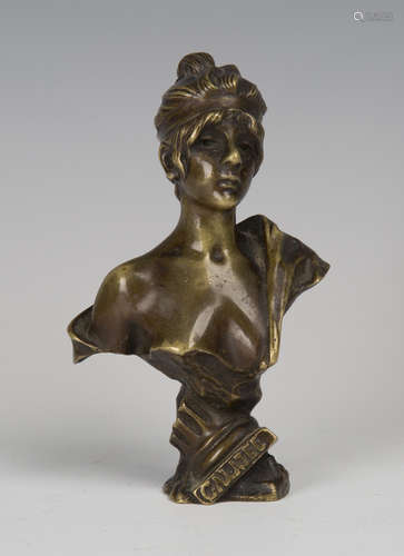 A French Art Nouveau cast bronze head and shoulders portrait bust of 'Galatée', raised on a titled