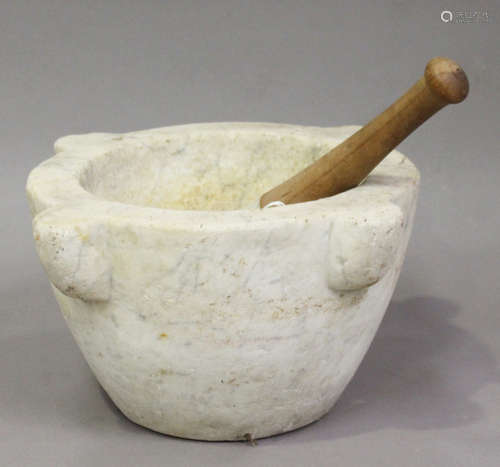 An early 20th century Continental white marble circular mortar with lobed edge, height 20cm,