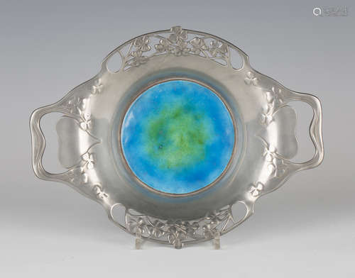 A Liberty & Co 'Tudric' pewter enamelled twin-handled dish, model number '0287', the centre