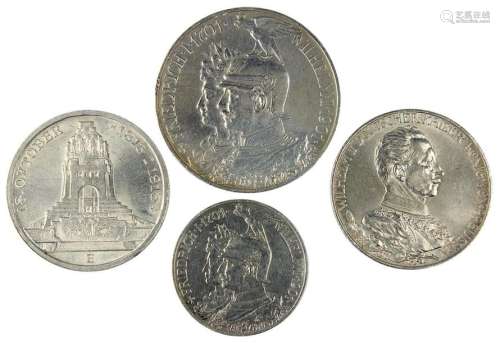 4 Münzen Deutsches Reich, 900er Silber, Preußen 19…