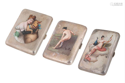 A GROUP OF THREE AUSTRIAN SILVER AND ENAMEL CIGARETTE CASES, CIRCA 1900