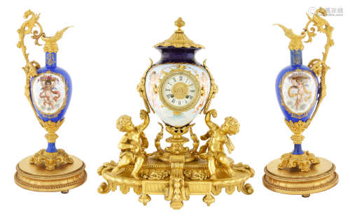 REGENCE-REVIVAL PORCELAIN AND GILT-BRONZE MANTEL CLOCK ON STAND WITH A PAIR OF NEOCLASSICAL REVIVAL