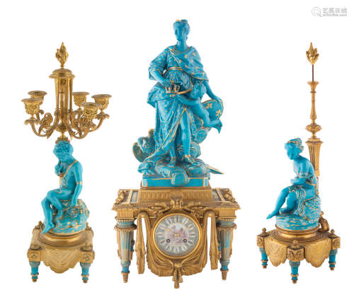 A THREE-PIECE ORMOLU-MOUNTED MINTONS OR MINTONS STYLE PORCELAIN DESK CLOCK SET, LATE 19TH CENTURY