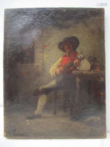 Adolph Pierre Leleux - a full length portrait of a man sat at a table holding a violin and bow,