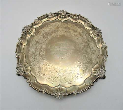 A Victorian silver waiter by Edward John, Barnard London 1852 with Chippendale border, engraved with
