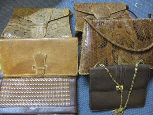 A quantity of vintage reptile bags and attache style shoulder bags, together with a vintage Gucci