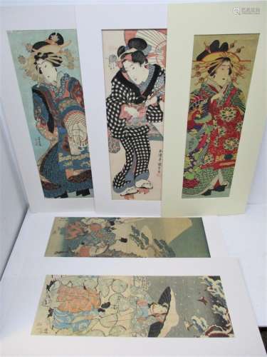 A collection of six 19th century Japanese pillar woodblock prints, in the hashira-e format,