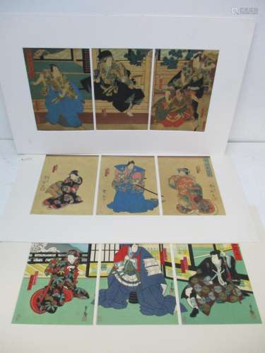 Three late Meiji/early 20th century Japanese triptych woodblock prints, comprising two by