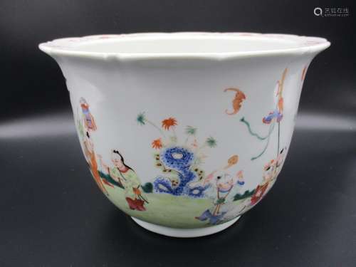 A 20th century Chinese porcelain jardiniere, with polychrome enamels depicting children playing in a