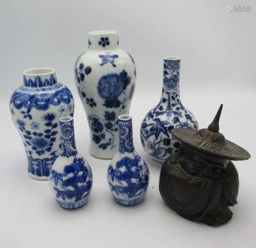 A small collection of blue and white Chinese porcelain vases, to include a small Yuan style baluster