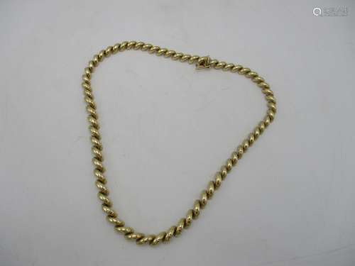 A 9ct ladies gold necklace, with half hoop design, 28 g, 44 cm total length