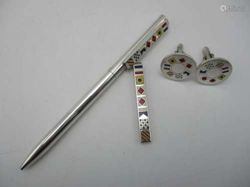 A Tiffany & Co sterling silver Nautical flags theme ballpoint pen, together with a matching pair