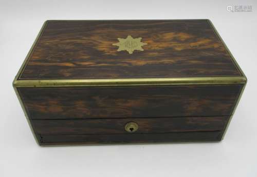 A Victorian Coromandel jewellery box retailed by Sampson Mordan & Co, inlaid with brass banding, the