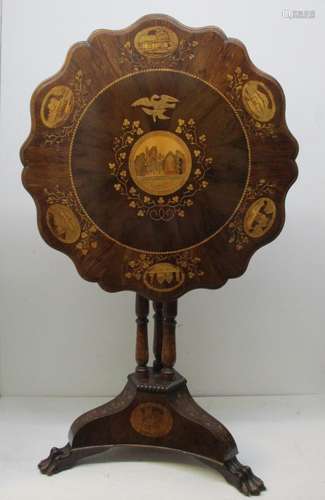 An Irish Victorian Killarney work inlaid arbutus wood occasional table, the circular top with shaped