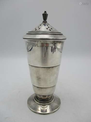 An Art Deco silver sugar caster by Joseph Gloster Ltd, Birmingham 1939 having a conical top and