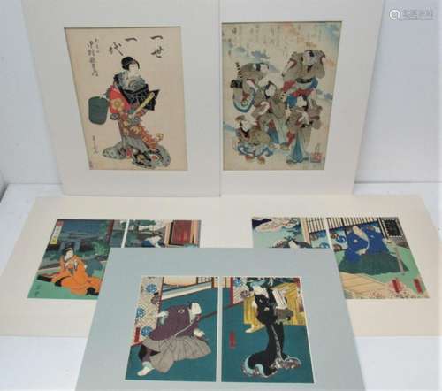 A collection of five 19th century Japanese woodblock prints, comprising three diptychs and two