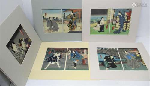 A collection of four Japanese woodblock diptych prints, to include works from the Osaka schools (