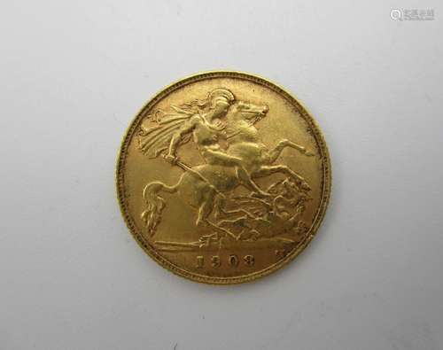 An Edwardian gold half sovereign with St George to the obverse 1908