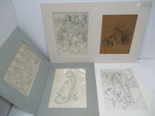 A collection of four Japanese woodblock Sumi-e (ink wash) preparatory drawings from the Utagawa