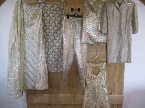 Six items of 1950s/60s ladies gold and silver lame thread items of clothing to include a Harrods