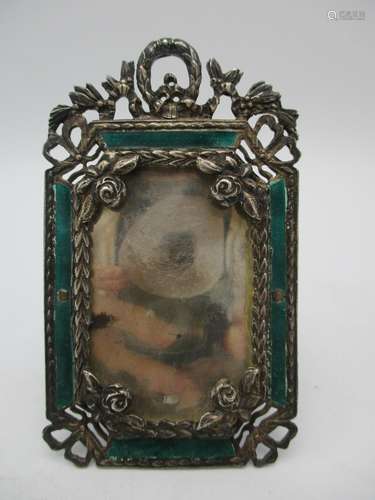 An Alexander III Russian silver and green enamel miniature frame with marks for Moscow 1860,