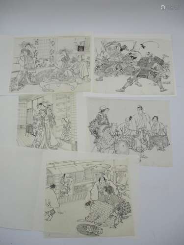 A collection of five Japanese woodblock preparatory drawings attributed to Mizuno Toshikata (1866-