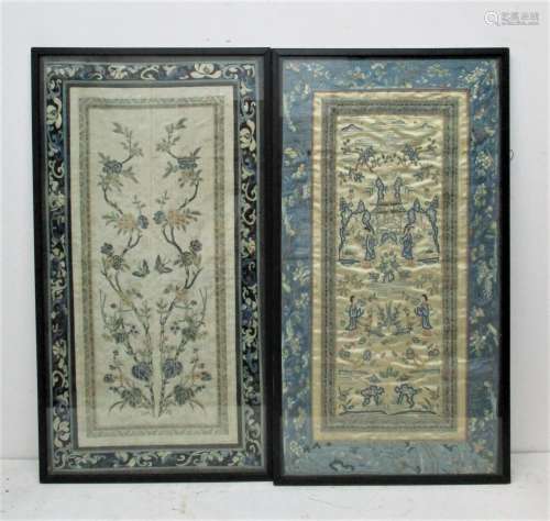 A pair of early 20th century Chinese silk sleeves, embroidered with figures, animals and floral