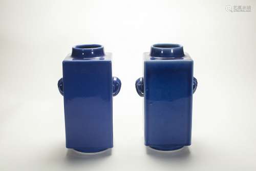 pair of chinese blue glazed porcelain cong vases