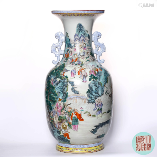 A Famille Rose Figures Porcelain Vase With Double Ears