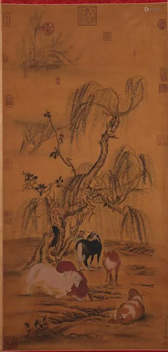 A Chinese Horses Painting Silk Scroll, Lang Shining