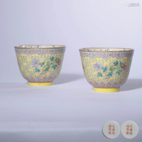 A Pair of Yellow Ground Famille Rose Floral Porcelain