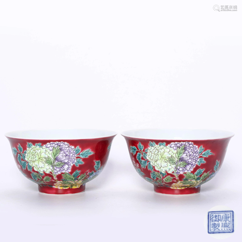 A Pair Of Red-ground Famille Rose Floral Porcelain