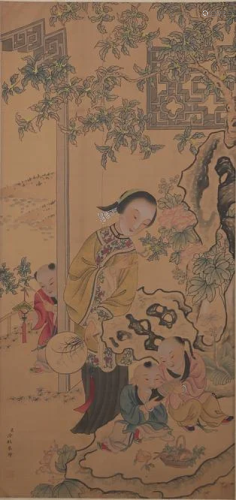 A Chinese Figures Painting Silk Scroll, Lengmei Mark