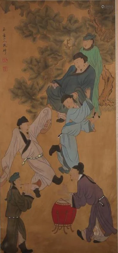 A Chinese Figures Painting Silk Scroll, Gaiqi Mark