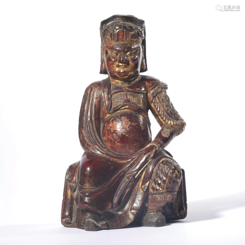 A Gilt Wood Carved Sitting Guangong Statue