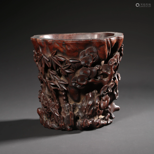 A Carved Red Sandalwood â€˜Three Friends Of Winterâ€™