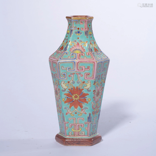 A Turquoise Ground Porcelain Hexagon Vase