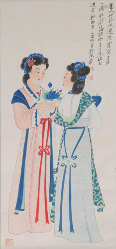 A Chinese Ladies Painting Paper Scroll, Zhang Daqian
