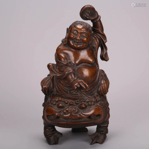 A Carved Bamboo Figure And Gold Toad Ornament