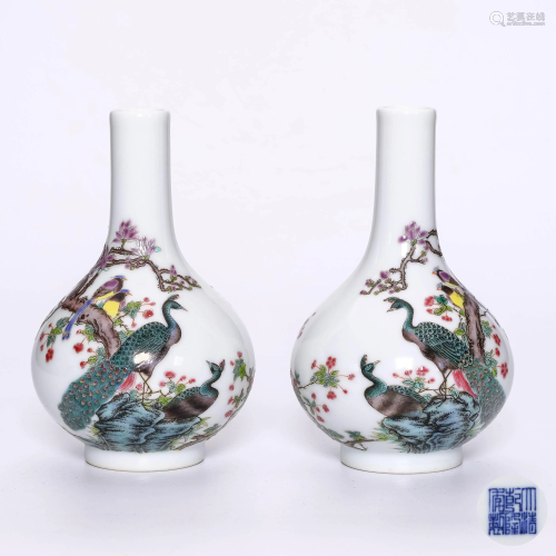 A Pair Of Famille Rose Peacock Patterned Vases