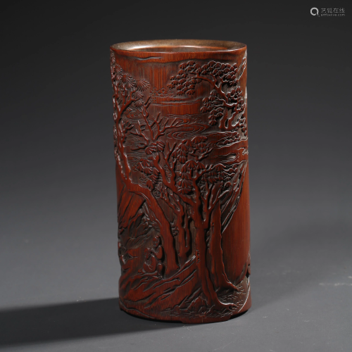 A Carved Bamboo Pine Tree And Figure Brush Pot