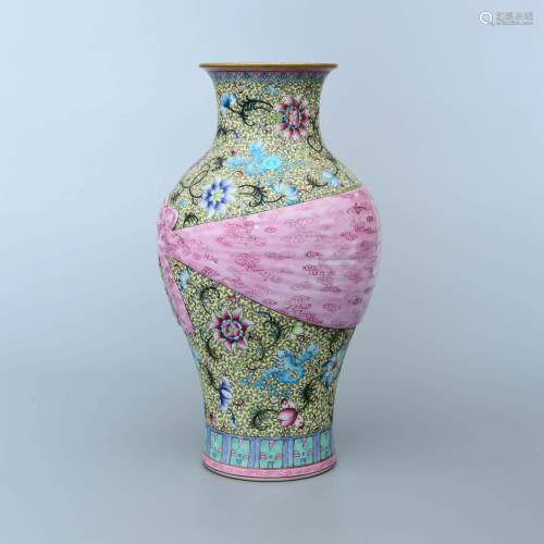A Famille Rose Porcelain Cloth-wrapper-shaped Vase