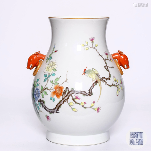 A Famille Rose Flower and Bird Porcelain Zun With