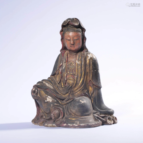 A Sitting Clay Guanyin Statue